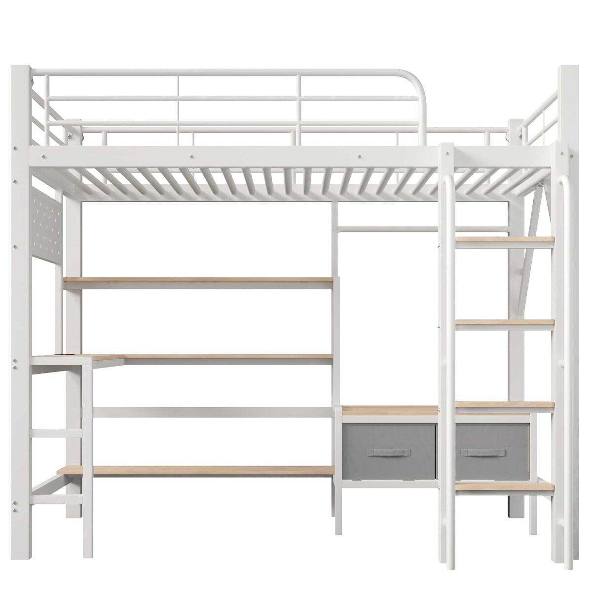 cama alta 90 x 200 cm  escritorio estantes cajones usb y led sin colchon  blanco