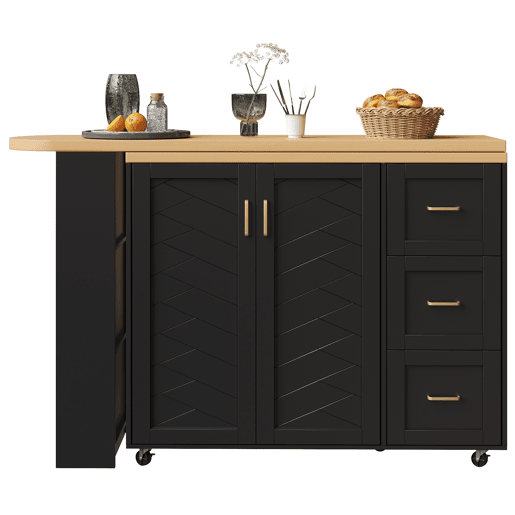 Carrinho bar extensível 135-228x39x104 cm - 2 portas, 3 gavetas, rodas, tabuleiro de madeira - Preto