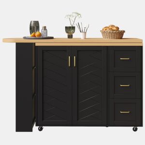 Carrinho bar extensível 135-228x39x104 cm - 2 portas, 3 gavetas, rodas, tabuleiro de madeira - Preto