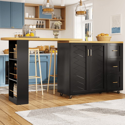 Carrinho bar extensível 135-228x39x104 cm - 2 portas, 3 gavetas, rodas, tabuleiro de madeira - Preto