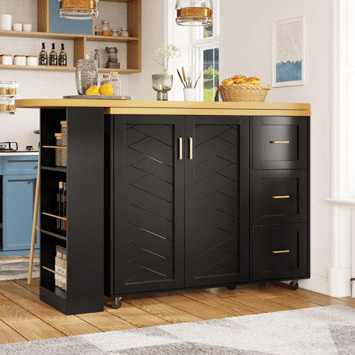 Carrinho bar extensível 135-228x39x104 cm - 2 portas, 3 gavetas, rodas, tabuleiro de madeira - Preto