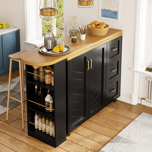 Carrinho bar extensível 135-228x39x104 cm - 2 portas, 3 gavetas, rodas, tabuleiro de madeira - Preto