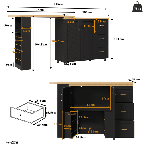 Carrinho bar extensível 135-228x39x104 cm - 2 portas, 3 gavetas, rodas, tabuleiro de madeira - Preto