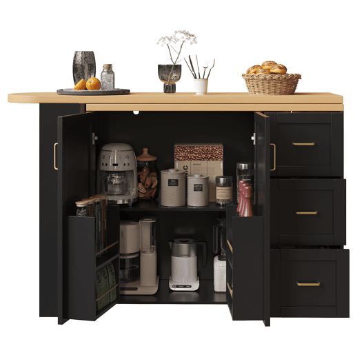 Carrinho bar extensível 135-228x39x104 cm - 2 portas, 3 gavetas, rodas, tabuleiro de madeira - Preto