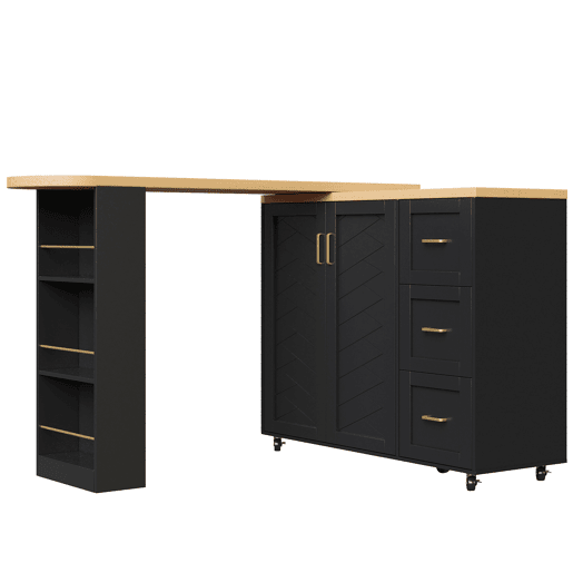 Carrinho bar extensível 135-228x39x104 cm - 2 portas, 3 gavetas, rodas, tabuleiro de madeira - Preto