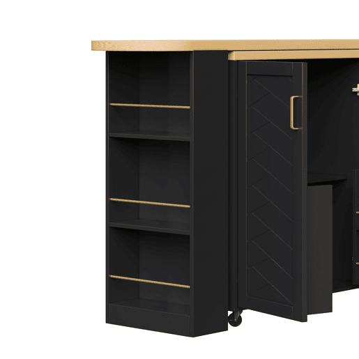 Carrinho bar extensível 135-228x39x104 cm - 2 portas, 3 gavetas, rodas, tabuleiro de madeira - Preto