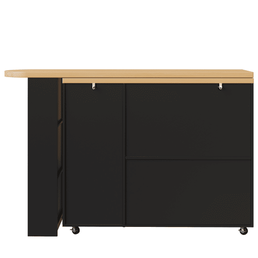 Carrinho bar extensível 135-228x39x104 cm - 2 portas, 3 gavetas, rodas, tabuleiro de madeira - Preto