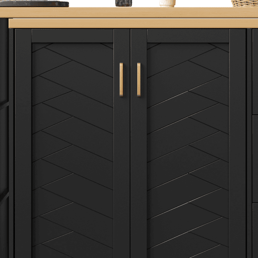 Carrinho bar extensível 135-228x39x104 cm - 2 portas, 3 gavetas, rodas, tabuleiro de madeira - Preto