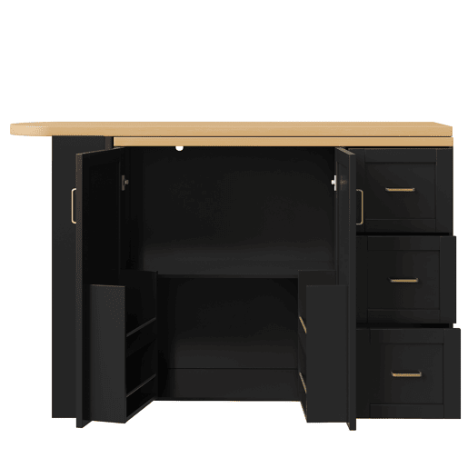 Carrinho bar extensível 135-228x39x104 cm - 2 portas, 3 gavetas, rodas, tabuleiro de madeira - Preto