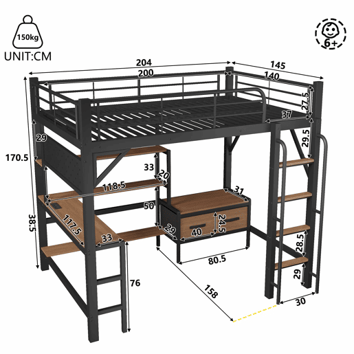 Cama alta 140 x 200 cm u2013 secretária, prateleiras, gavetas, USB e LED, sem colchão u2013 preta