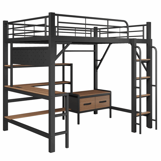 Cama alta 140 x 200 cm u2013 secretária, prateleiras, gavetas, USB e LED, sem colchão u2013 preta
