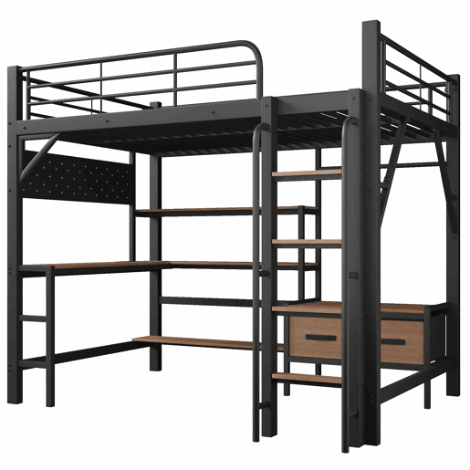 Cama alta 140 x 200 cm u2013 secretária, prateleiras, gavetas, USB e LED, sem colchão u2013 preta