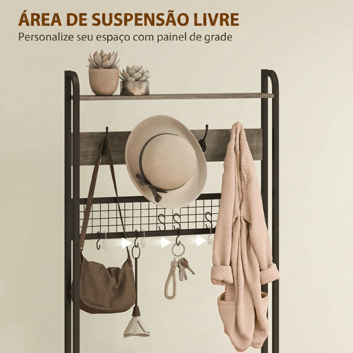 HOMCOM Bengaleiro com Sapateira 5 em 1, com Banco, Armário, Painel de Grelha, 10 Ganchos, Prateleira Superior e Estrutura em Aço, Cinzento