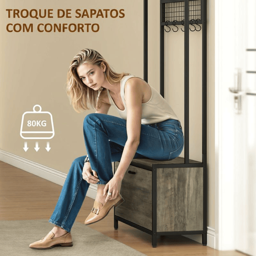 HOMCOM Bengaleiro com Sapateira 5 em 1, com Banco, Armário, Painel de Grelha, 10 Ganchos, Prateleira Superior e Estrutura em Aço, Cinzento