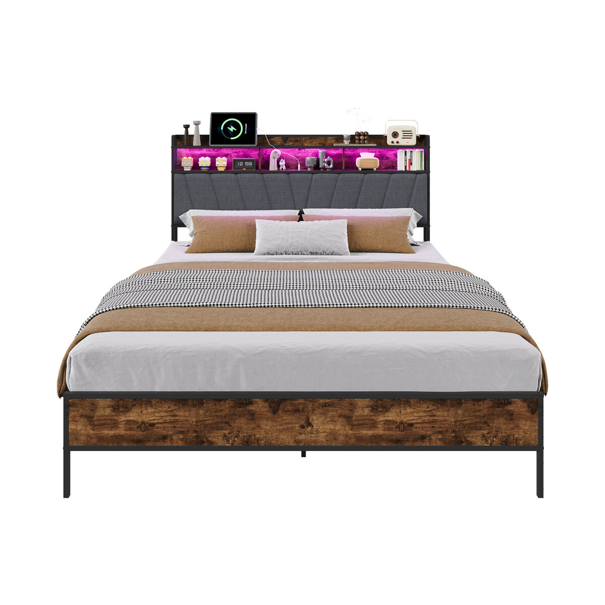 Cama doble, 160 x 200 cm, led, usb, estructura metálica con somier de láminas metálicas
