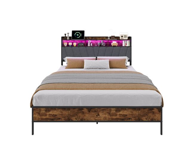 Cama doble, 160 x 200 cm, led, usb, estructura metálica con somier de láminas metálicas