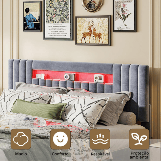 Cama de casal 160×200 cm u2014, com função de arrumação, LED, cama de casal confortável adequada para quarto ou quarto de hóspedes, cinzento Cama de casal 160×200 cm u2014, com função de arrumação, LED, cama de casal confortável adequada para quarto ou quarto de hóspedes, cinzento