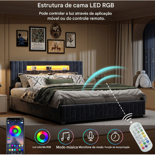 Cama de casal 160×200 cm u2014, com função de arrumação, LED, cama de casal confortável adequada para quarto ou quarto de hóspedes, cinzento Cama de casal 160×200 cm u2014, com função de arrumação, LED, cama de casal confortável adequada para quarto ou quarto de hóspedes, cinzento