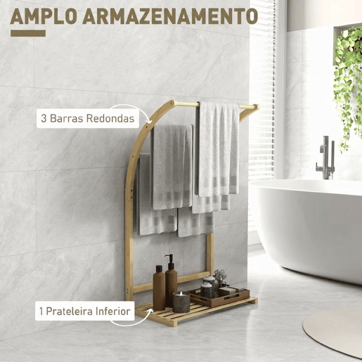 HOMCOM Toalheiro de Pé em Bambu com 3 Barras e Prateleira, para Casa de Banho e Lavandaria, 50x29x84 cm, Natural
