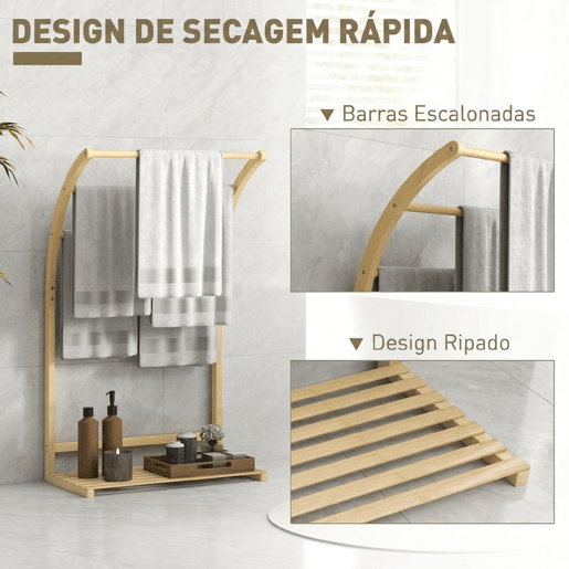 HOMCOM Toalheiro de Pé em Bambu com 3 Barras e Prateleira, para Casa de Banho e Lavandaria, 50x29x84 cm, Natural