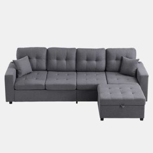 Sofá modular em L de 4 lugares u2013 pufe e braçadeiras com arrumação, portas de carregamento e LED u2013 cinzento antigo