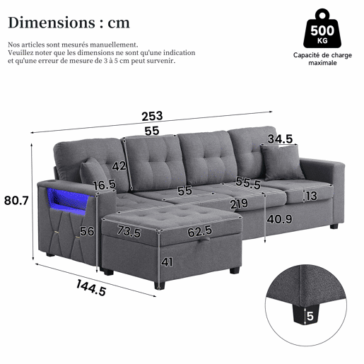 Sofá modular em L de 4 lugares u2013 pufe e braçadeiras com arrumação, portas de carregamento e LED u2013 cinzento antigo