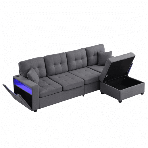 Sofá modular em L de 4 lugares u2013 pufe e braçadeiras com arrumação, portas de carregamento e LED u2013 cinzento antigo