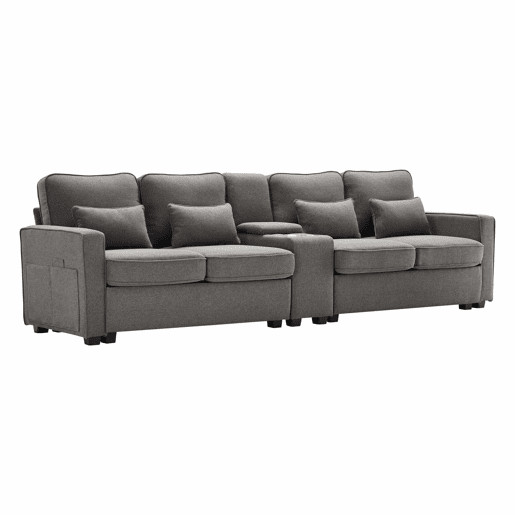 Sofá de 4 lugares - tecido com efeito de linho, mesa lateral, 2 porta-copos, 2 entradas USB, bolsos e 4 almofadas - cinzento escuro Sofá de 4 lugares - tecido com efeito de linho, mesa lateral, 2 porta-copos, 2 entradas USB, bolsos e 4 almofadas - cinzento escuro