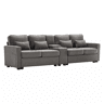 Sofá de 4 lugares - tecido com efeito de linho, mesa lateral, 2 porta-copos, 2 entradas USB, bolsos e 4 almofadas - cinzento escuro
