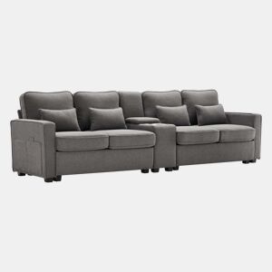 Sofá de 4 lugares - tecido com efeito de linho, mesa lateral, 2 porta-copos, 2 entradas USB, bolsos e 4 almofadas - cinzento escuro