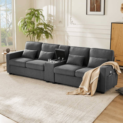 Sofá de 4 lugares - tecido com efeito de linho, mesa lateral, 2 porta-copos, 2 entradas USB, bolsos e 4 almofadas - cinzento escuro Sofá de 4 lugares - tecido com efeito de linho, mesa lateral, 2 porta-copos, 2 entradas USB, bolsos e 4 almofadas - cinzento escuro