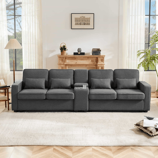 Sofá de 4 lugares - tecido com efeito de linho, mesa lateral, 2 porta-copos, 2 entradas USB, bolsos e 4 almofadas - cinzento escuro Sofá de 4 lugares - tecido com efeito de linho, mesa lateral, 2 porta-copos, 2 entradas USB, bolsos e 4 almofadas - cinzento escuro