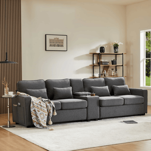 Sofá de 4 lugares - tecido com efeito de linho, mesa lateral, 2 porta-copos, 2 entradas USB, bolsos e 4 almofadas - cinzento escuro Sofá de 4 lugares - tecido com efeito de linho, mesa lateral, 2 porta-copos, 2 entradas USB, bolsos e 4 almofadas - cinzento escuro