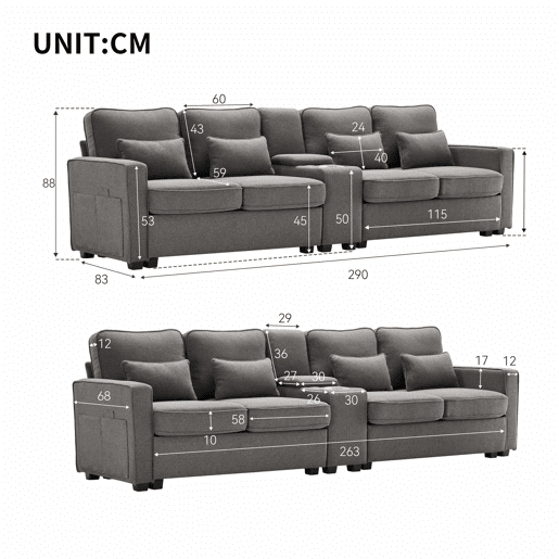 Sofá de 4 lugares - tecido com efeito de linho, mesa lateral, 2 porta-copos, 2 entradas USB, bolsos e 4 almofadas - cinzento escuro Sofá de 4 lugares - tecido com efeito de linho, mesa lateral, 2 porta-copos, 2 entradas USB, bolsos e 4 almofadas - cinzento escuro