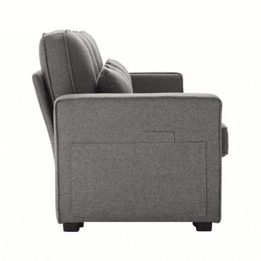 Sofá de 4 lugares - tecido com efeito de linho, mesa lateral, 2 porta-copos, 2 entradas USB, bolsos e 4 almofadas - cinzento escuro Sofá de 4 lugares - tecido com efeito de linho, mesa lateral, 2 porta-copos, 2 entradas USB, bolsos e 4 almofadas - cinzento escuro