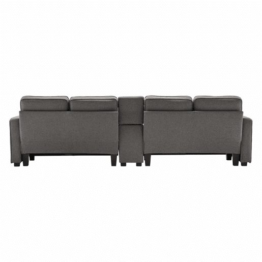 Sofá de 4 lugares - tecido com efeito de linho, mesa lateral, 2 porta-copos, 2 entradas USB, bolsos e 4 almofadas - cinzento escuro Sofá de 4 lugares - tecido com efeito de linho, mesa lateral, 2 porta-copos, 2 entradas USB, bolsos e 4 almofadas - cinzento escuro