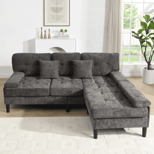 Sofá de canto modular de 3 lugares, 195 cm u2013 chenilla, com chaise longue e pufe móvel u2013 cinzento antigo Sofá de canto modular de 3 lugares, 195 cm u2013 chenilla, com chaise longue e pufe móvel u2013 cinzento antigo
