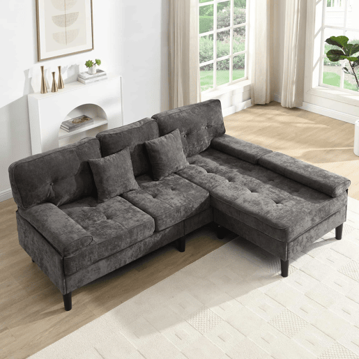 Sofá de canto modular de 3 lugares, 195 cm u2013 chenilla, com chaise longue e pufe móvel u2013 cinzento antigo Sofá de canto modular de 3 lugares, 195 cm u2013 chenilla, com chaise longue e pufe móvel u2013 cinzento antigo
