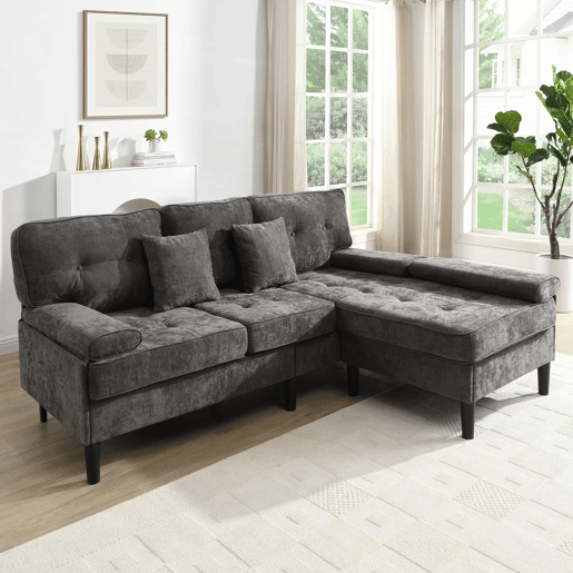 Sofá de canto modular de 3 lugares, 195 cm u2013 chenilla, com chaise longue e pufe móvel u2013 cinzento antigo Sofá de canto modular de 3 lugares, 195 cm u2013 chenilla, com chaise longue e pufe móvel u2013 cinzento antigo