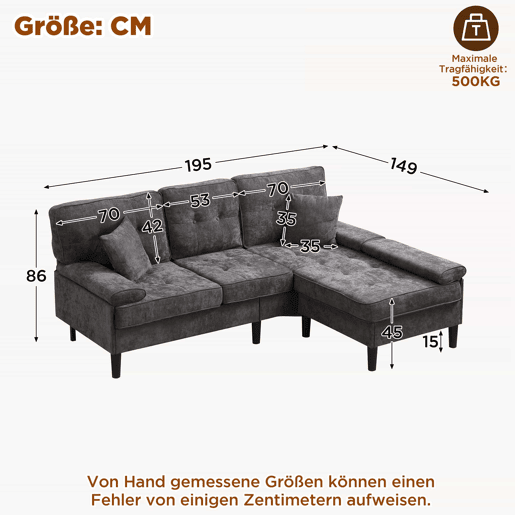 Sofá de canto modular de 3 lugares, 195 cm u2013 chenilla, com chaise longue e pufe móvel u2013 cinzento antigo Sofá de canto modular de 3 lugares, 195 cm u2013 chenilla, com chaise longue e pufe móvel u2013 cinzento antigo