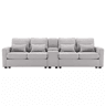 Sofá de 4 lugares - tecido com efeito de linho, com mesa lateral, 2 suportes para copos, 2 portas USB, bolsos e 4 almofadas - cinzento