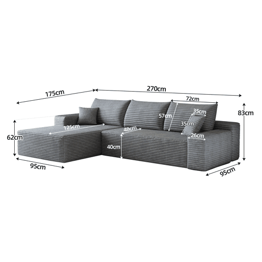 Sofá modular de canto de 270 cm - chaise longue em L, assento profundo, modular compacto - Cinzento Sofá modular de canto de 270 cm - chaise longue em L, assento profundo, modular compacto - Cinzento
