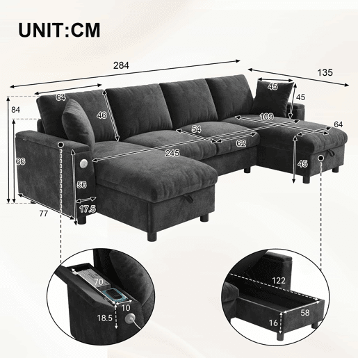 Sofá modular em U 284x135x84 cm - Chenilla com chaise longue, arrumação rebatível, USB e Type-C, 4 lugares - Cinzento