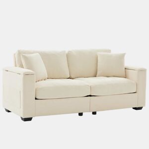Sofá de 2 lugares, 180 cm u2013 chenille macia, braços com espaço de arrumação e 2 almofadas u2013 bege