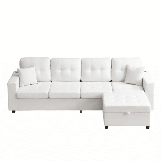 Sofá modular em L de 4 lugares, 253 cm u2013 pufe móvel com espaço de arrumação, braços com espaço de arrumação, portas de carregamento e luz LED u2013 bege Sofá modular em L de 4 lugares, 253 cm u2013 pufe móvel com espaço de arrumação, braços com espaço de arrumação, portas de carregamento e luz LED u2013 bege