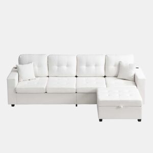 Sofá modular em L de 4 lugares, 253 cm u2013 pufe móvel com espaço de arrumação, braços com espaço de arrumação, portas de carregamento e luz LED u2013 bege