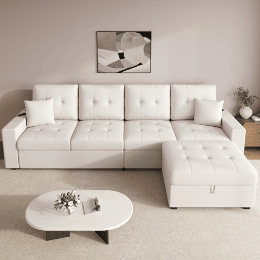 Sofá modular em L de 4 lugares, 253 cm u2013 pufe móvel com espaço de arrumação, braços com espaço de arrumação, portas de carregamento e luz LED u2013 bege Sofá modular em L de 4 lugares, 253 cm u2013 pufe móvel com espaço de arrumação, braços com espaço de arrumação, portas de carregamento e luz LED u2013 bege