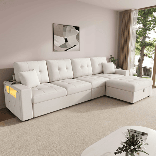 Sofá modular em L de 4 lugares, 253 cm u2013 pufe móvel com espaço de arrumação, braços com espaço de arrumação, portas de carregamento e luz LED u2013 bege Sofá modular em L de 4 lugares, 253 cm u2013 pufe móvel com espaço de arrumação, braços com espaço de arrumação, portas de carregamento e luz LED u2013 bege