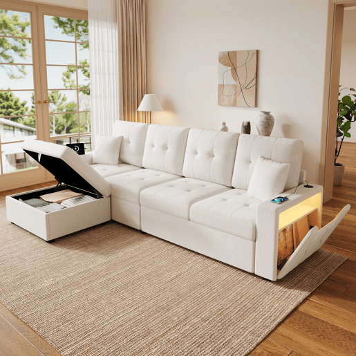 Sofá modular em L de 4 lugares, 253 cm u2013 pufe móvel com espaço de arrumação, braços com espaço de arrumação, portas de carregamento e luz LED u2013 bege Sofá modular em L de 4 lugares, 253 cm u2013 pufe móvel com espaço de arrumação, braços com espaço de arrumação, portas de carregamento e luz LED u2013 bege