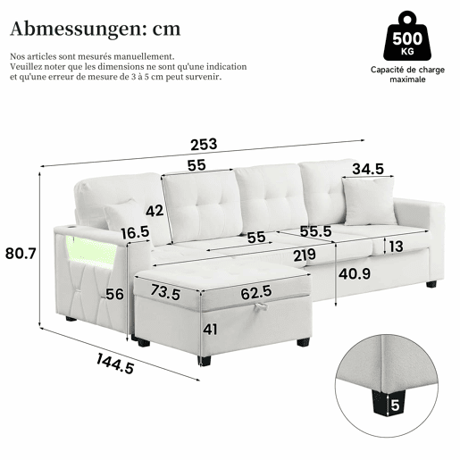 Sofá modular em L de 4 lugares, 253 cm u2013 pufe móvel com espaço de arrumação, braços com espaço de arrumação, portas de carregamento e luz LED u2013 bege Sofá modular em L de 4 lugares, 253 cm u2013 pufe móvel com espaço de arrumação, braços com espaço de arrumação, portas de carregamento e luz LED u2013 bege